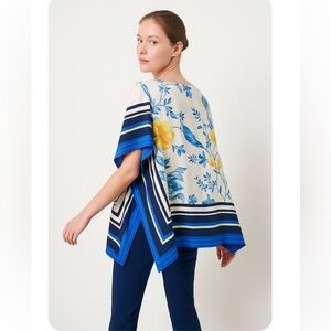 J Jason Wu Orange 1x Blue White  Baroque Dolman Top Womens Blouse Floral Scarf